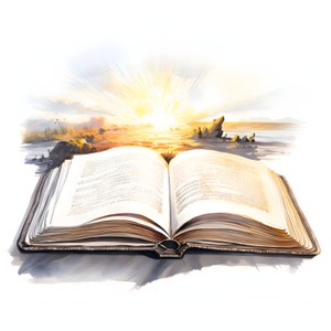 May include: An open book with a sunrise scene on the pages. The book is old and worn, with a leather cover. The sunrise is bright and golden, with rays of light shining out from the center.