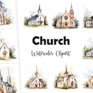 Christian Church clipart, Jesus Church Images, 10 aquarel illustraties, afdrukbare JPG's, Instant Download, Commercieel gebruik, Papercraft