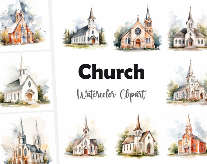 Christian Church Clipart, Jesus Church Images, 10 Watercolor Clip Art, Printable JPGs, Instant Download, Commercial Use, Paper craft