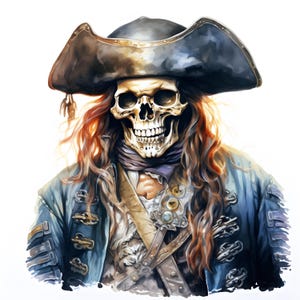 Skeleton Pirate Clipart, Pirate Skull Images, 10 Watercolor Clip Art, Printable JPGs, Instant Download, Commercial Use, Paper craft