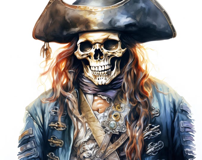 Skeleton Pirate Clipart, Pirate Skull Images, 10 Watercolor Clip Art, Printable JPGs, Instant Download, Commercial Use, Paper craft