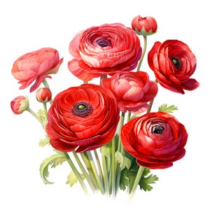 Watercolor Ranunculus Clipart: Red Flower Bouquet (JPG Digital Download)