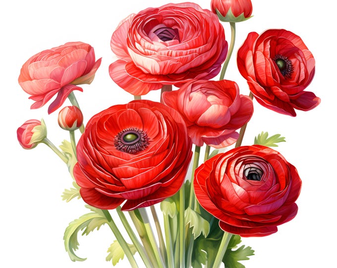 Ranunculus Flowers Clipart, Ranunculus Bouquet Images, 10 Watercolor Clip Art, Printable JPGs, Instant Download, Commercial Use, Paper craft
