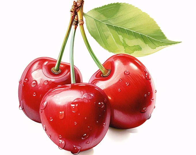 Watercolor Cherry Clipart: Red Fruit Illustrations (JPG Download, Commercial Use)