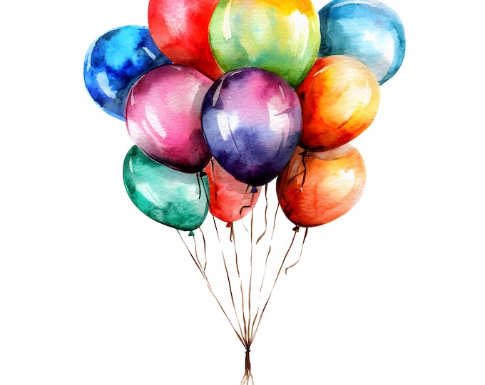 Party Balloons Clipart, Colorful Balloons Images, 10 Watercolor Clip Art, Printable JPGs, Instant Download, Commercial Use, Paper craft