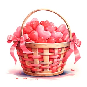Valentines Basket Clipart, Valentines Day Gift Images, 10 Watercolor Clip Art, Printable JPGs, Instant Download, Commercial Use, Paper craft