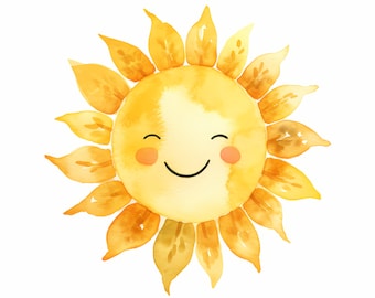 Smiling Sun Clipart, Happy Sun Images, 10 Watercolor Clip Art, Printable JPGs, Instant Download, Commercial Use, Paper craft