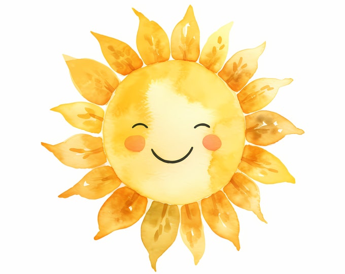 Smiling Sun Clipart, Happy Sun Images, 10 Watercolor Clip Art, Printable JPGs, Instant Download, Commercial Use, Paper craft