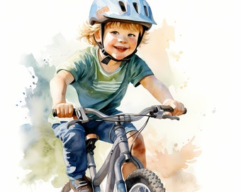 Watercolor Kid on Bike Clipart: Cycling Images (JPGs, Instant Download)