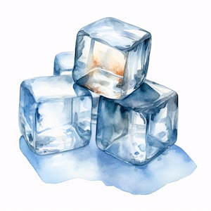 Könnte beinhalten: Aquarellmalerei von vier durchscheinenden Eiswürfeln, gestapelt und leicht überlappend. Die Würfel haben eine blau-weiße Farbpalette mit subtilen Schattierungen und Highlights. Die Würfel liegen auf einer hellblauen Pfütze.