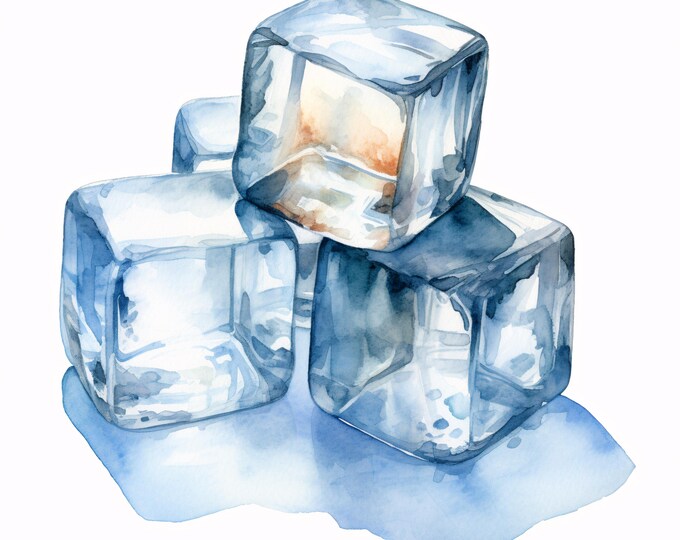 Watercolor Ice Cubes Clipart: Frozen Drink Art, Commercial Use (JPGs, Digital Download