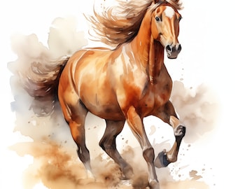 Op de afbeelding: Een aquarel van een bruin paard dat over een veld met bruin gras rent. Het paard heeft een lange, stromende manen en staart. De achtergrond is een zachte aquarelwas in bruin en wit.