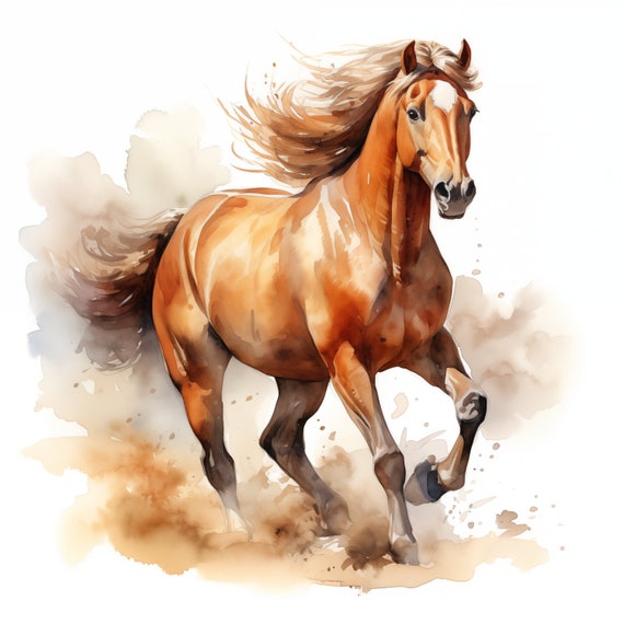 水彩画の馬のクリップアート：牡馬の画像、印刷可能なJPG（商用利用