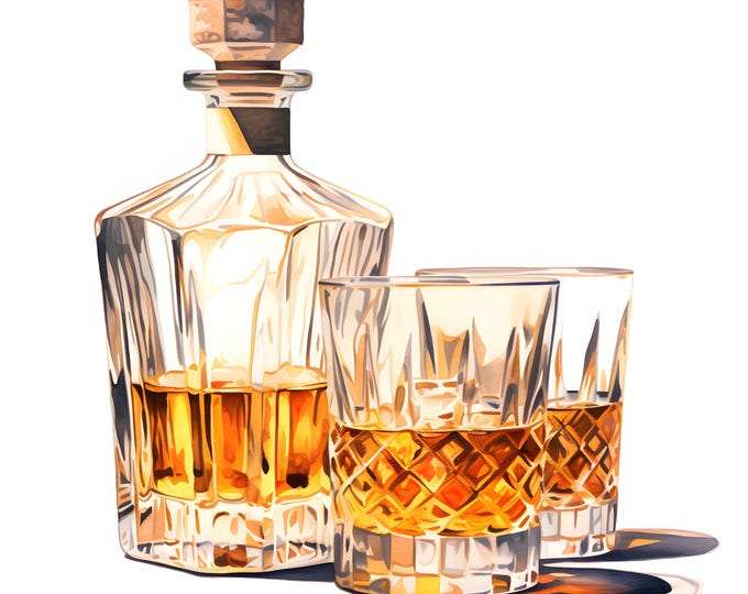 Whiskey Bottle Clipart, Whiskey Decanter Set Images, 10 Watercolor Clip Art, Printable JPGs, Instant Download, Commercial Use, Paper craft