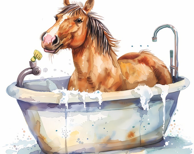 Horse in Bathtub Clipart, Horse Washing Images, 10 Watercolor Clip Art, Printable JPGs, Instant Download, Commercial Use, Paper craft