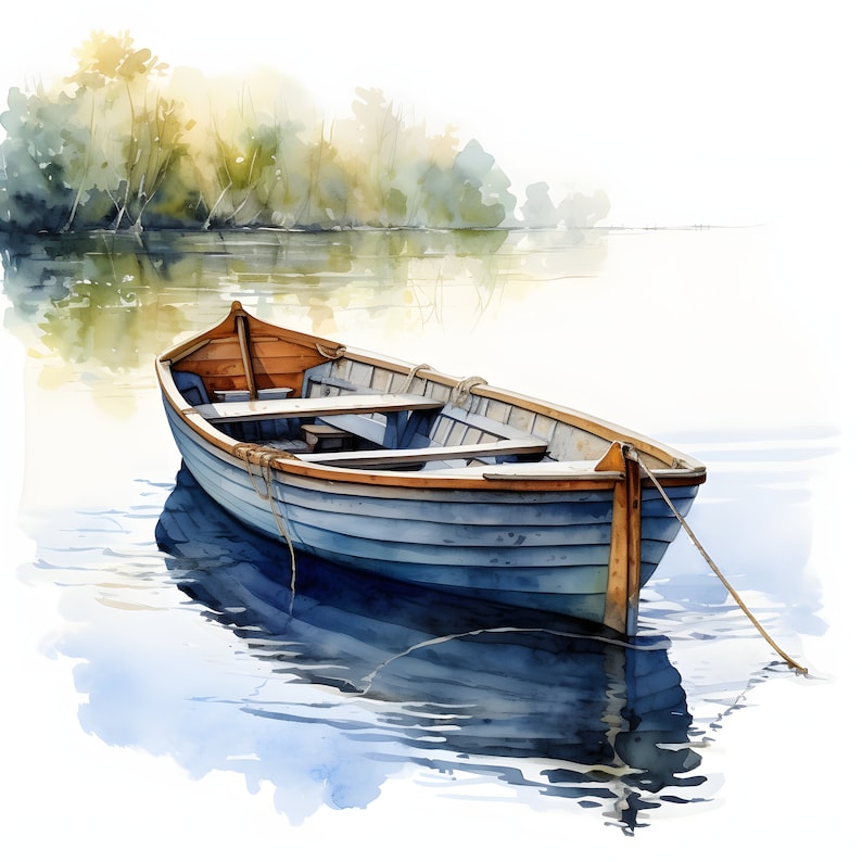 Boat on Lake Clipart, Boat in Nature Images, 10 Watercolor Clip Art