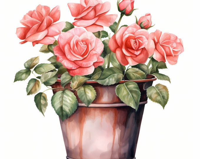 Roses in Pot Clipart, Roses Bouquet Images, 10 Watercolor Clip Art, Printable JPGs, Instant Download, Commercial Use, Paper craft