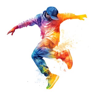 May include: A colorful watercolor illustration of a person in mid-air, performing a dance move. The person is wearing a blue cap, a white shirt, blue jeans, and yellow shoes. The background is white.