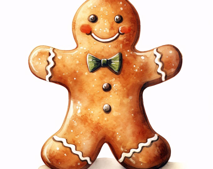 Gingerbread Man Watercolor Clipart: Christmas Cookie Art (JPG Instant Download, Commercial Use