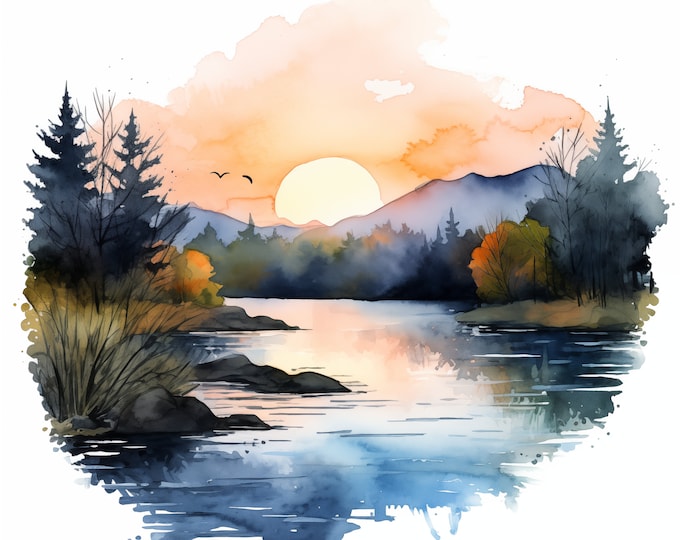 Riverside Sunset Clipart, Sunset Over River Images, 10 Watercolor Clip Art, Printable JPGs, Instant Download, Commercial Use, Paper craft
