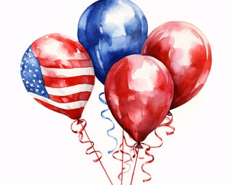 Patriotic Balloons Clipart: 4th of July Watercolor Images (JPG Digital Download, Commercial Use)