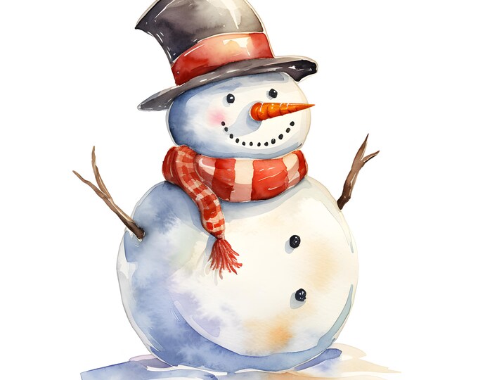 Snow Man Clipart, Snowman With Scarf Images, 10 Watercolor Clip Art, Printable JPGs, Instant Download, Commercial Use, Paper craft