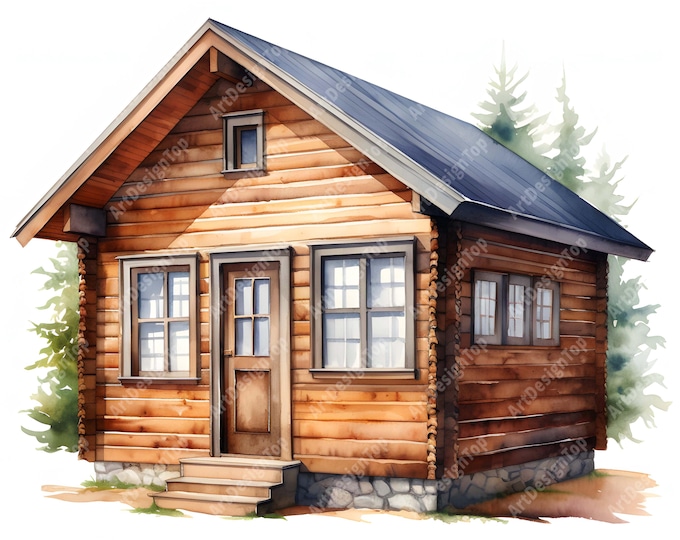 Wooden Cabin Clipart, Rustic Cabin Images, 10 Watercolor Clip Art, Printable JPGs, Instant Download, Commercial Use, Paper craft