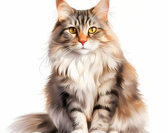 ノルウェージャンフォレストキャットの水彩画：緑の猫の肖像画