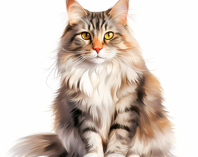 Norwegian Forest Cat Clipart, Norwegian Cat Images, 10 Watercolor Clip Art, Printable JPGs, Instant Download, Commercial Use, Paper craft