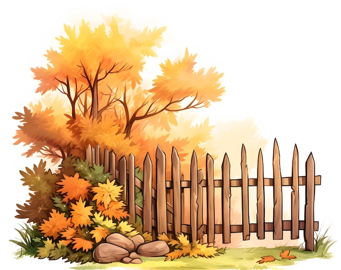 Autumn Fence Clipart, Garden Fence Images, 10 Watercolor Clip Art, Printable JPGs, Instant Download, Commercial Use, Paper craft