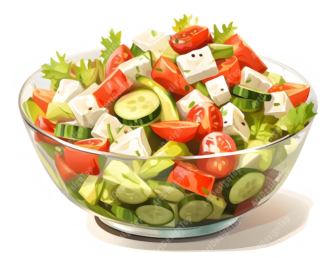 Greek Salad Clipart, Green Mixed Salad Images, 10 Watercolor Clip Art, Printable JPGs, Instant Download, Commercial Use, Paper craft