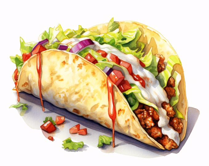 Taco Clipart, Mexican Food Images, 10 Watercolor Clip Art, Printable JPGs, Instant Download, Commercial Use, Paper craft