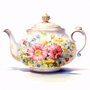 Könnte beinhalten: Eine weiße Porzellan-Teekanne mit floralem Design. Die Teekanne hat einen Deckel mit dekorativem Knauf und einen gebogenen Griff. Das florale Design umfasst rosa, rote, gelbe und blaue Blumen.