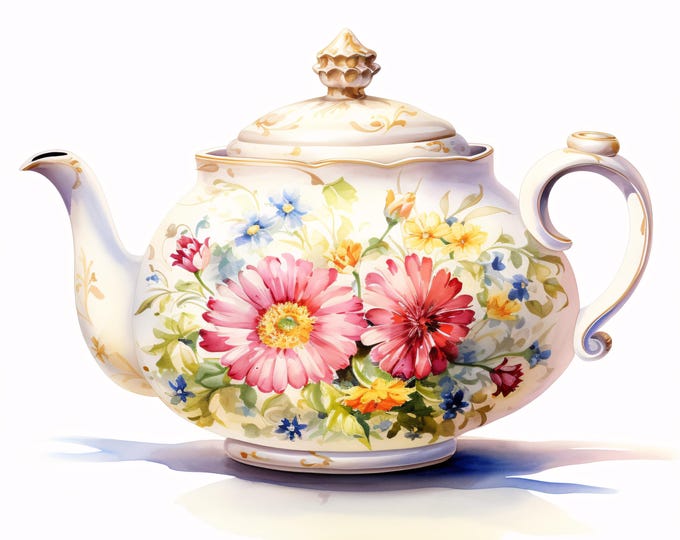 Floral Teapot Clipart, Vintage Tea Set Images, 10 Watercolor Clip Art, Printable JPGs, Instant Download, Commercial Use, Paper craft