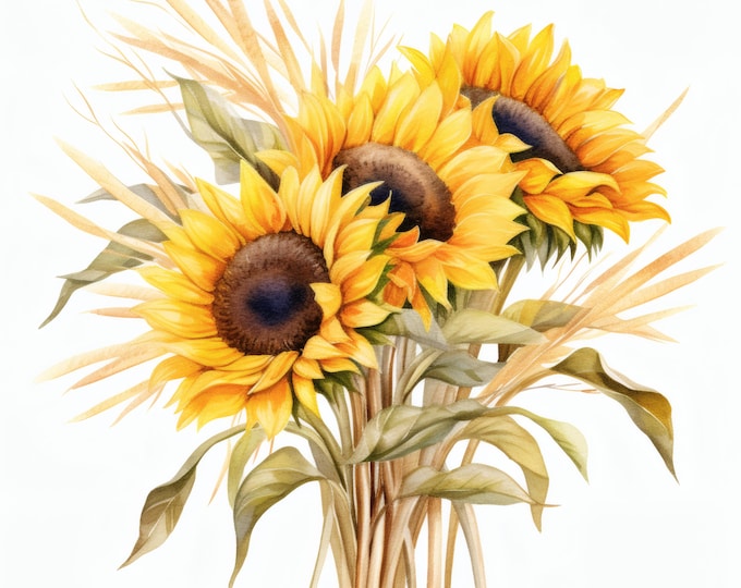 Sunflower And Wheat Clipart, Flowers Bouquet Images, 10 Watercolor Clip Art, Printable JPGs, Instant Download, Commercial Use, Paper craft