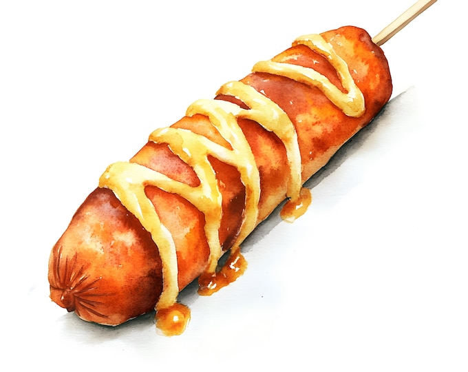 Corn Dog Clipart, Street Food Images, 10 Watercolor Clip Art, Printable JPGs, Instant Download, Commercial Use, Paper craft