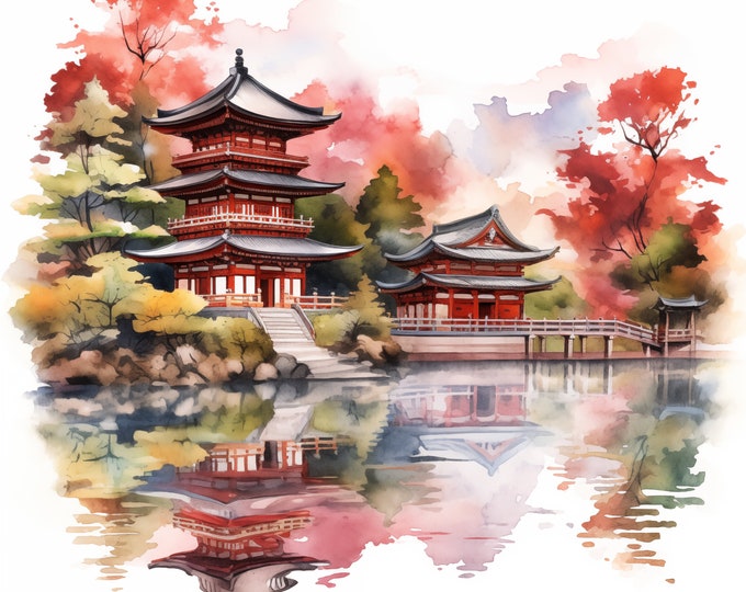 Japanese Temple Clipart, Buddhist Temple Images, 10 Watercolor Clip Art, Printable JPGs, Instant Download, Commercial Use, Paper craft