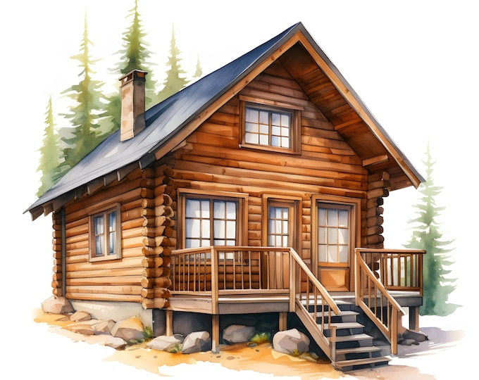Rustic Cabin Clipart, Woodsy Cottage Images, 10 Watercolor Clip Art, Printable JPGs, Instant Download, Commercial Use, Paper craft