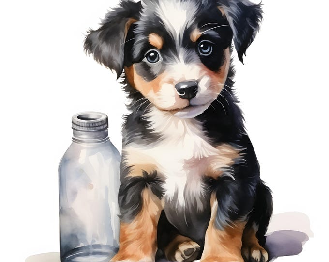 Baby Puppy Clipart, Puppy with Bottle Images, 10 Watercolor Clip Art, Printable JPGs, Instant Download, Commercial Use, Paper craft