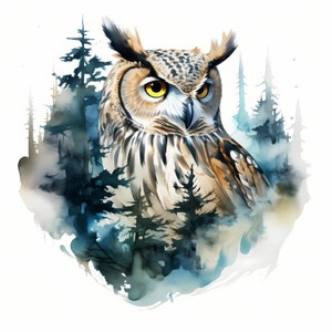 Uil clipart, uil en bos dubbele belichtingsafbeeldingen, 10 aquarel illustraties, afdrukbare jpg's, Instant Download, Commercieel gebruik, Papercraft