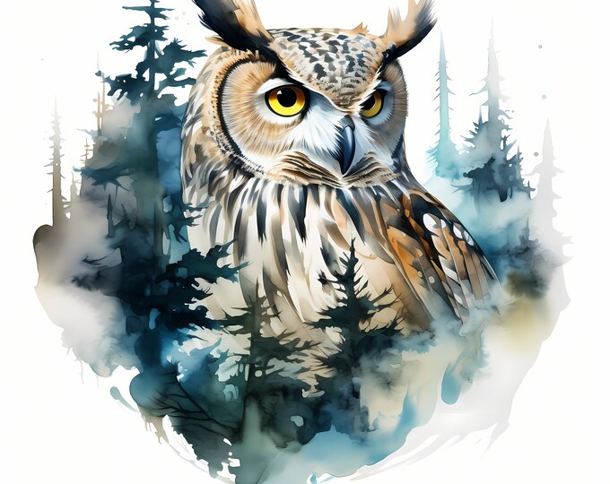 Owl Clipart, Owl and Forest Double Exposure Images, 10 Watercolor Clip Art, Printable JPGs, Instant Download, Commercial Use, Paper craft