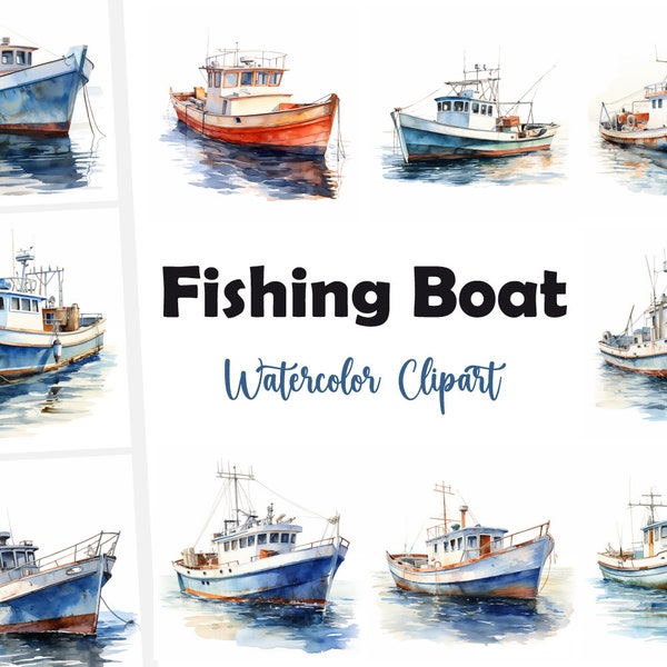 10 Fishing Boat, Fishing Trawler JPG, Watercolor Clipart, High Quality JPGs, Digital Download, High Resolution, Commercial Use