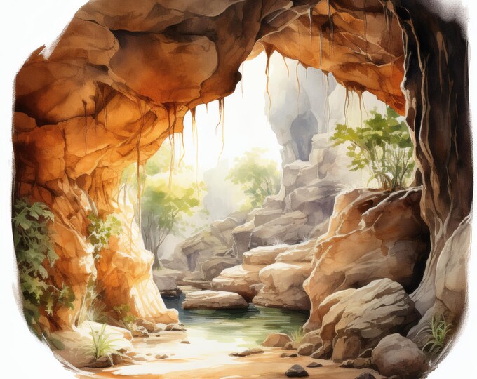 Cave Landscape Clipart, Natural Rock Formation Images, 10 Watercolor Clip Art, Printable JPGs, Instant Download, Commercial Use, Paper craft