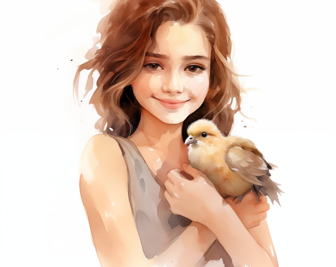 Girl with Chicken Clipart, Girl and Chick Images, 10 Watercolor Clip Art, Printable JPGs, Instant Download, Commercial Use, Paper craft