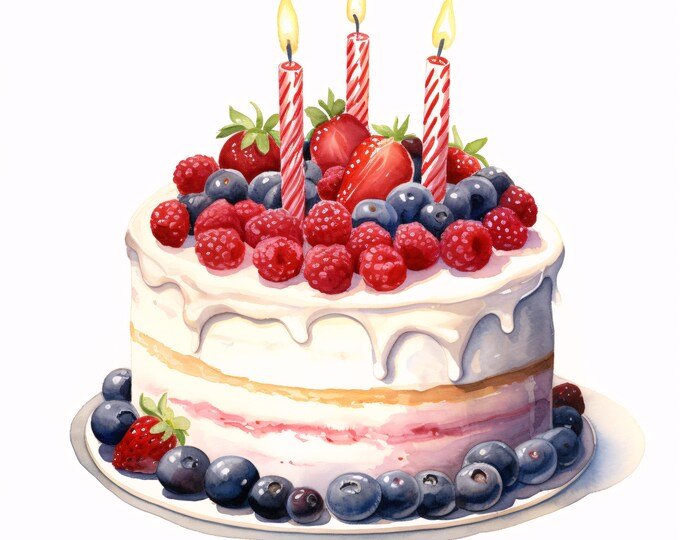 Berry Cake Clipart, Dessert Pastry Images, 10 Watercolor Clip Art, Printable JPGs, Instant Download, Commercial Use, Paper Craft