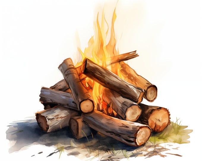 Bonfire Campfire Clipart, Firewood Images, 10 Watercolor Clip Art, Printable JPGs, Instant Download, Commercial Use, Paper craft