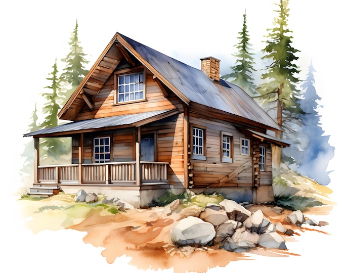 Mountain Cabin Clipart, Rustic Log Cabin Images, 10 Watercolor Clip Art, Printable JPGs, Instant Download, Commercial Use, Paper craft