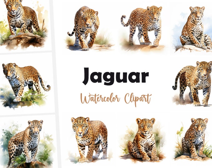Jaguar Clipart, Jaguar Images, 10 Watercolor Clip Art, Printable JPGs, Instant Download, Commercial Use, Paper craft