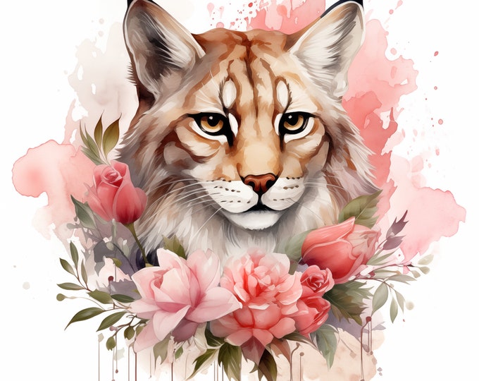 Lynx Clipart, Lynx with Flowers Images, 10 Watercolor Clip Art, Printable JPGs, Instant Download, Commercial Use, Paper craft