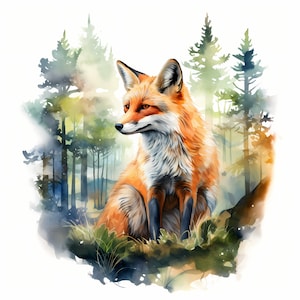 Images double exposition renard, renard et forêt, 10 cliparts aquarelle, fichiers JPG imprimables, téléchargement immédiat, usage commercial, créations en papier